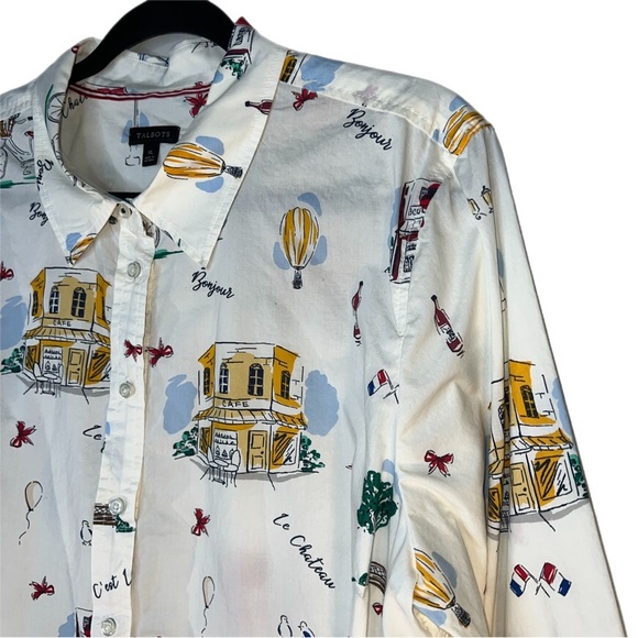 Talbots Classic Cotton Shirt Scenic France Print Button Down Blouse XL - Picture 3 of 12